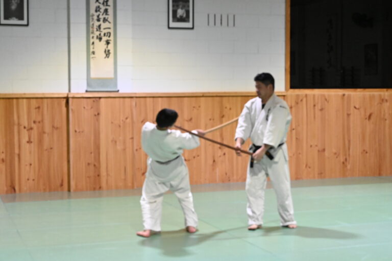 Black belt Aikido students in an weapons training class